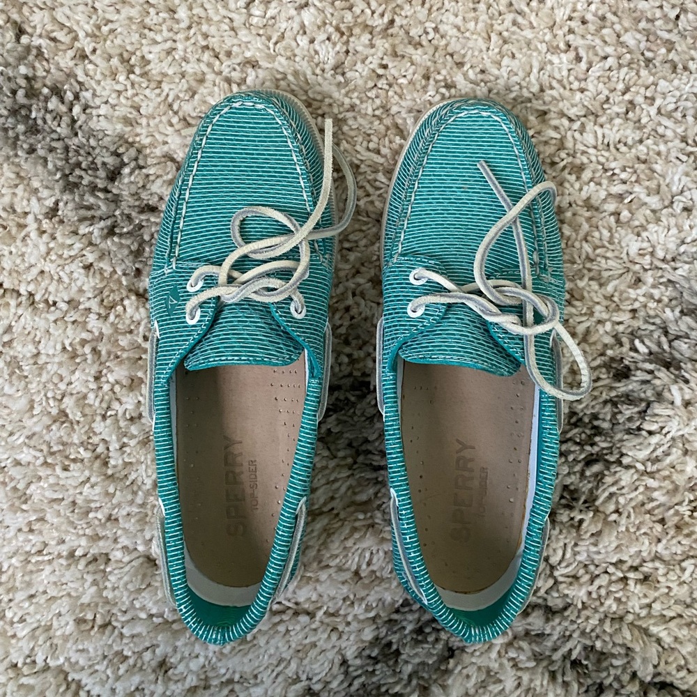 Sperry Teal Blue and White Striped shoes.